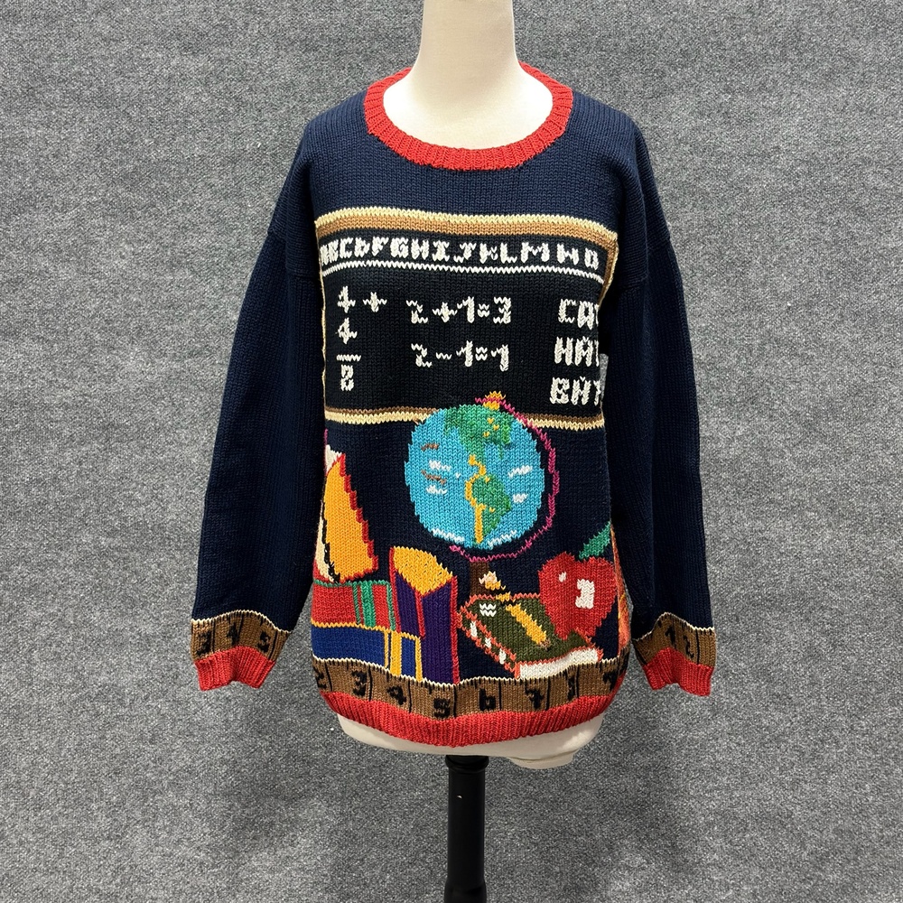 Vintage Lumy Sweater Womens Large Teacher USA Flag School Knit Ugly Patriotic